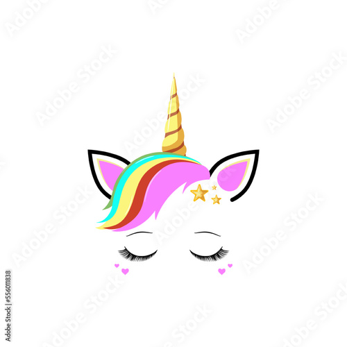 Cute unicorn with big eyelashes on a white background.