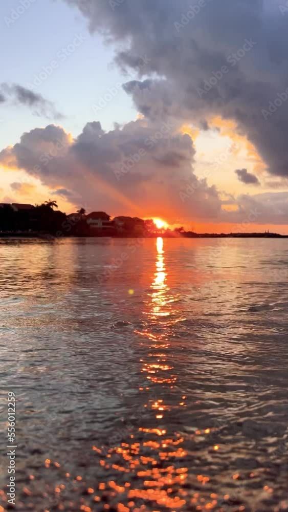 Sunrise in Carribean Sea, Ocean Beach up Close with Waves, Vertical Video, Puerto Aventuras, Mexico Sunrise in Carribean Sea, Ocean Beach up Close with Waves, Vertical Video, Puerto Aventuras, Mexico