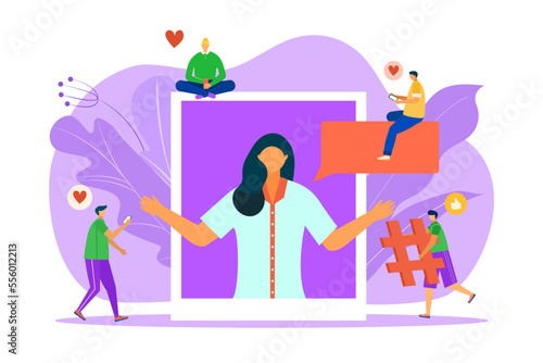 Digital content at huge screen, vector illustration. Online social media in f...