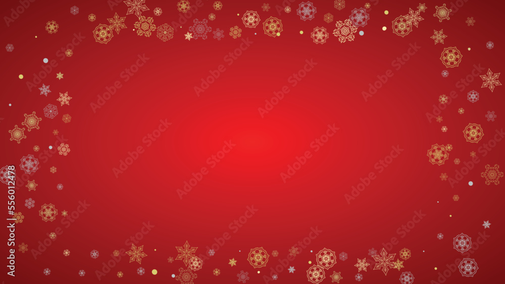 Christmas snow on red background. Glitter frame for winter banners, gift coupon, voucher, ads, party event. Santa Claus colors with golden Christmas snow. Horizontal falling snowflakes for holiday Christmas snow on red background. Glitter frame for winter banners, gift coupon, voucher, ads, party event. Santa Claus colors with golden Christmas snow. Horizontal falling snowflakes for holiday