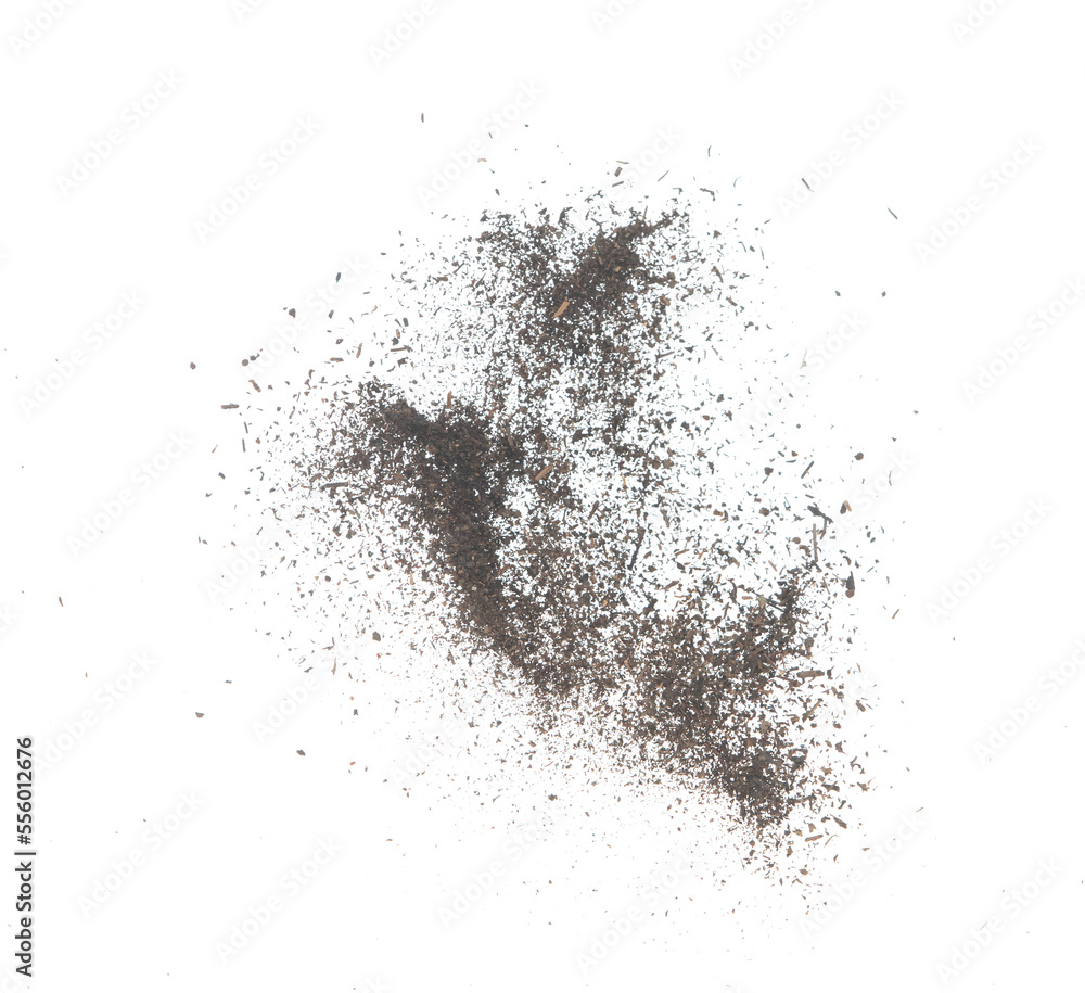 Fototapeta premium Black dried leave Tea explode. Small Fine size tea leaf flying explosion, Abstract cloud fly. Brown colored Teas splash throwing in Air. White background Isolated high speed shutter, throwing freeze