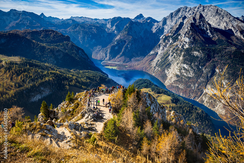 Panoramic view on the Alps and Konigssee from the platform of the peak of the Jenner mountain, Upper Bavaria, Germany  photo