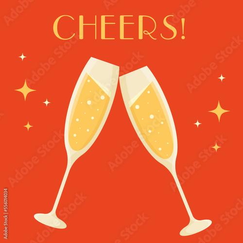Toast with champagne flutes. Two glasses. Cheers. Vector illustration.