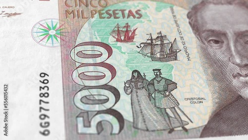 Spain Spanish Peseta 5000 Banknotes, Five Thousand Spanish Peseta, Close-up and macro view of the Spanish Peseta, Tracking and Dolly Shots 5000 Spanish Peseta banknote Observe and Reserve Side photo