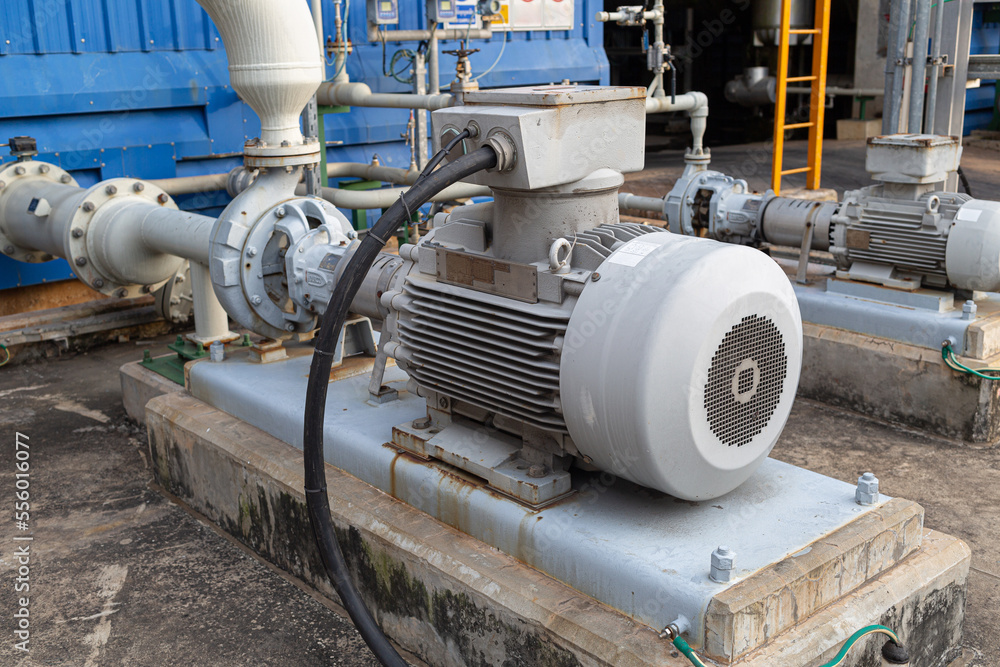 an electric motor-driven centrifugal pump that is put in an oil refinery or chemical factory. Industrial and technological work concept to transmit liquids to various production units of enterprises.