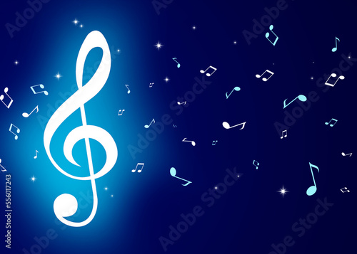 Treble clef and music notes flying among stars on bright blue background. Beautiful illustration design