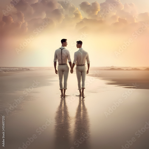 Digital Illustration of a Gay Male Couple Holding Hands on the Beach during a Sunset - A Vibrant and Romantic Scene (AI)