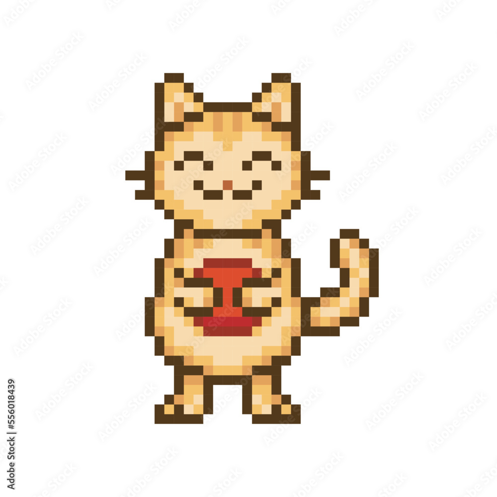 Cat with toy ball, pixel art animal