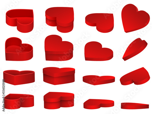 set of isolated heart shaped boxes.  valentine's day open and closed boxes in different sides