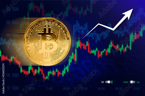 Bitcoin coins on trading graph of chart diagram,symbol of electronic virtual money and mining cryptocurrency concept.Coin crypto currency bitcoin concept, Selective Focus