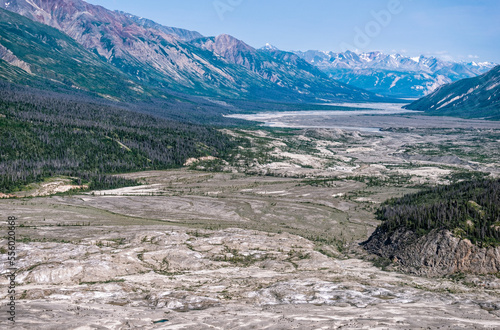 The Slims River flows through the distant valley at Kluane National Park in the Yukon Territory, Canada