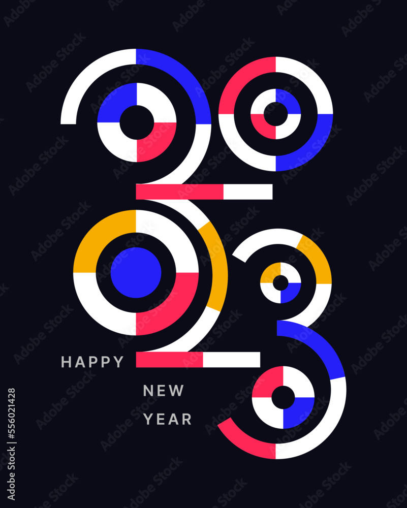 2023 colorful set of Happy New Year posters. Abstract design typography creative compositon for vector celebration, backgrounds, branding, banner, cover, card and or social media template.
