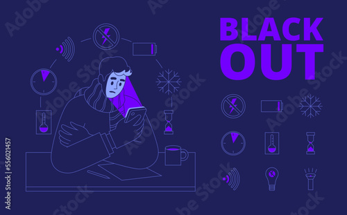 blackout concept and icons set in linear style on dark background. Vector illustration