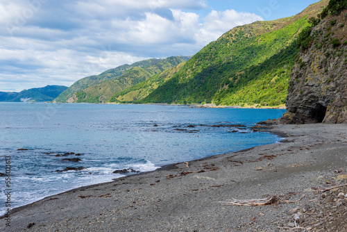 Coastal scenery on the Kaikoura Coast, south of Kaikoura, New Zealand. The state highway runs close to the beach allowing easy access for walking, fishing © Philip Armitage