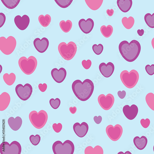 Hearts Seamless Pattern. Pink and Purple Colors. Blue light background. Vector Illustrator. 