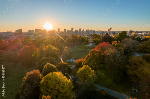 Aerial Drone View of Patterson Park in Baltimore City in Fall at Sunset with the City Skyline in the Distance photo