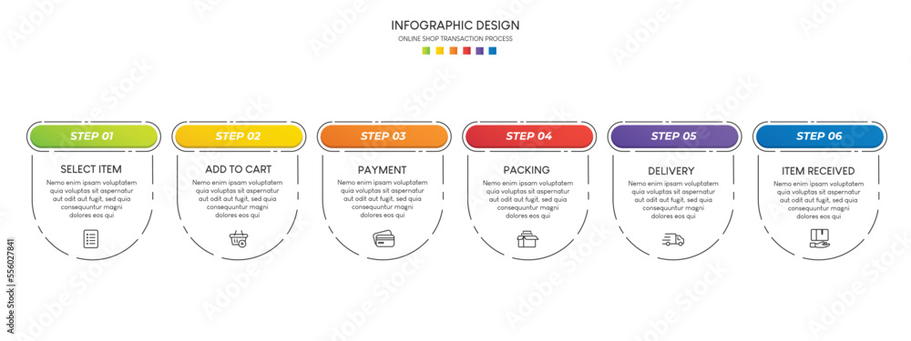 Process of online shopping with 6 steps. Steps business timeline process infographic template