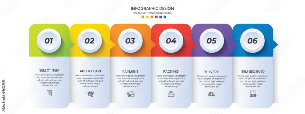 Process of online shopping with 6 steps. Steps business timeline process infographic template