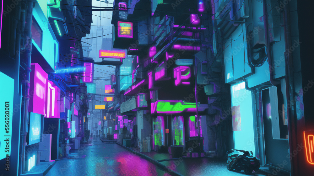 Fototapeta premium アニメ調のサイバーパンク背景イラスト(AI generated image)