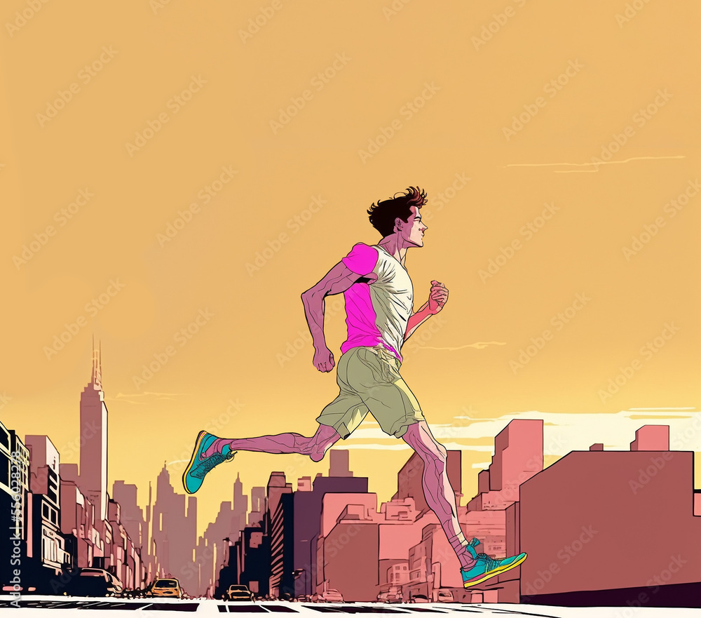 Young Caucasian man in t-shirt and shorts running crossing the street. Cartoon illustration created with Generative AI technology