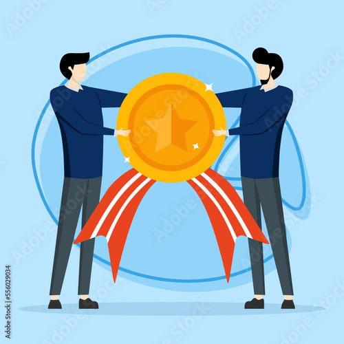 businessman boss giving gold star badge to winning employee. Employee award recognition, best sales champion or certificate concept, success achievement award or top star of the month.