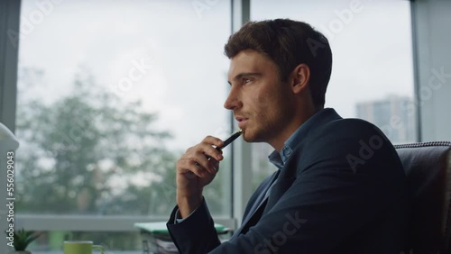 Thoughtful entrepreneur ponder problems in office closeup. Focused manager think