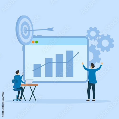 Business people team analytics Data and research on web monitoring report dashboard monitoring financial investment concept and graph, Business Character Team Analyzing Data and Research Financial