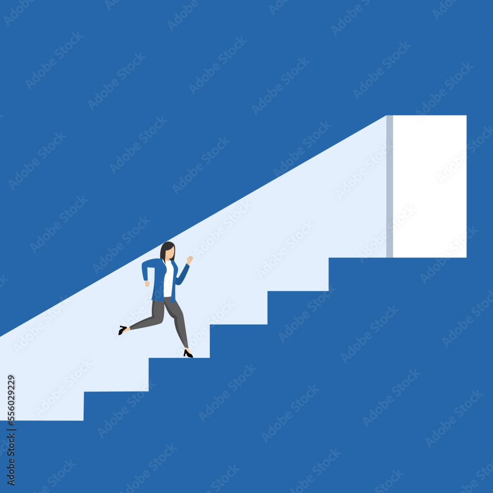 businessman walking up the stairs towards the luminous door. light to guide career success, opportunity or career growth, ladder of success concept, recruitment or HR find candidate or talent.