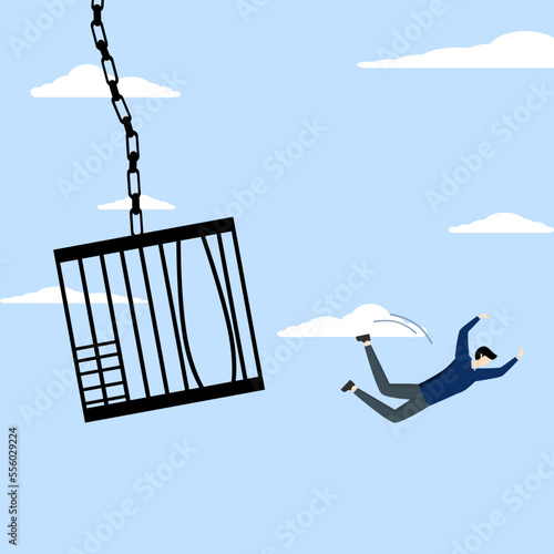 concept of hope and freedom, businessman courage to escape from birdcage jump and fly away, Courage to escape for freedom, get out of comfort zone to find new job, open mind for better life.