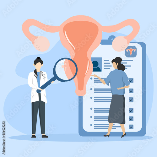 Doctor examines uterus with magnifying glass to treat endometriosis. endometriosis treatment concept, Endometriosis, endometrial dysfunctionality. modern flat vector illustration