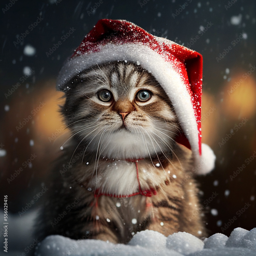 A little cat with a Christmas hat on outside in the snow created with generative AI technology
A little cat with a Christmas hat on outside in the snow created with generative AI technology