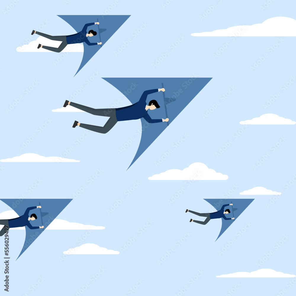 businessman flying on a glider towards growth to win challenges, innovative way to win business competition, think difference or choose winning direction, concept of ambition and our own creativity.