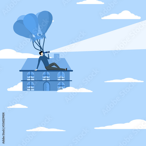 home owner with telescope at home flying on balloon, house mortgage rate hike, real estate price bubble or housing investment opportunity concept, home loan impact from inflation.