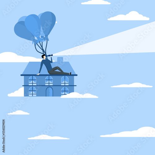 homeowner with telescope at home flying on balloons, currency appreciation, real estate price bubbles or housing investment opportunity concepts, impact of inflation on home selling prices.