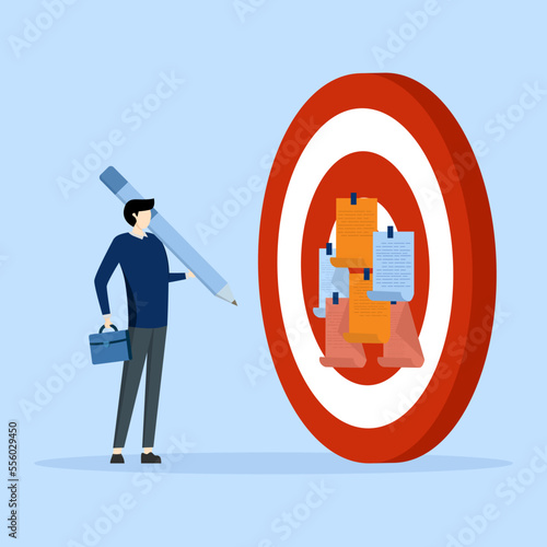businessman writing goals on notes and setting big dartboard targets, achievable targets or goals to aim for, missions to achieve or challenges to win for business success concept, goal setting.