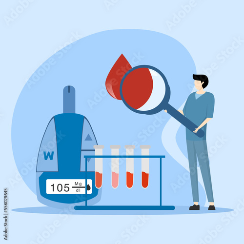 Diabetes mellitus concept, Doctor with magnifying glass and blood glucose test meter, type 2 diabetes and insulin production concept on white background, modern flat vector illustration.