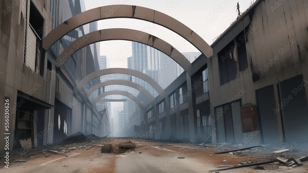 Fototapeta premium アニメ調のポストアポカリプスや廃墟系背景イラスト(AI generated image)