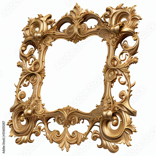 Golden picture frame baroque style transparent background created with generative AI technology