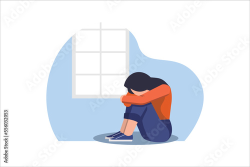 Woman in depression with bewildered thoughts in her mind. Young sad girl sitting in window and hugging her knees. Flat style