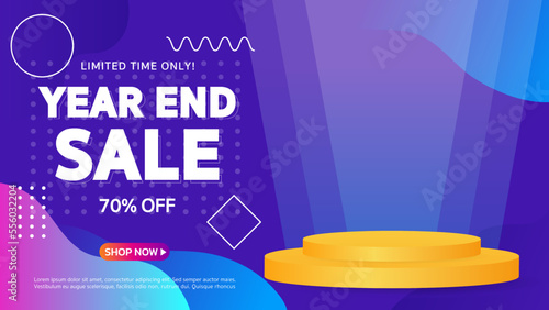 Year End Sale. Special offer Mega sale up to 70% off with realistic podium. Banner background vector illustration
