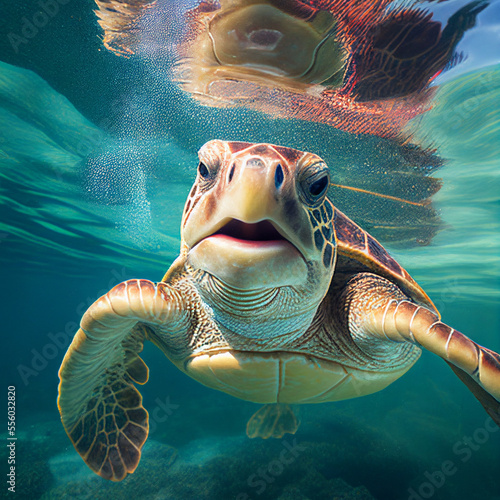 A depiction of a sea turtle swimming joyfully beneath the surface of the water created with generative AI technology