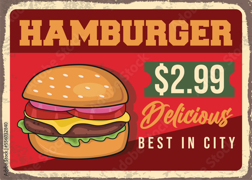 Hamburger rusty metal plate food advertisement retro poster vector template.