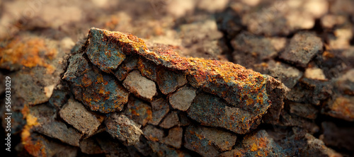 the background is a pile of rocks and there is rust