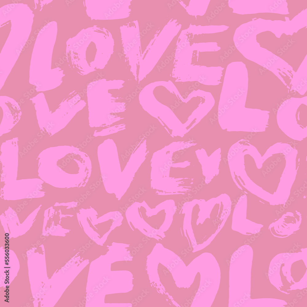 Dry Brush Grunge Pink Love Lettering and Hearts Seamless Romantic Pattern. Dry Brush Grunge Pink Love Lettering and Hearts Seamless Romantic Pattern.