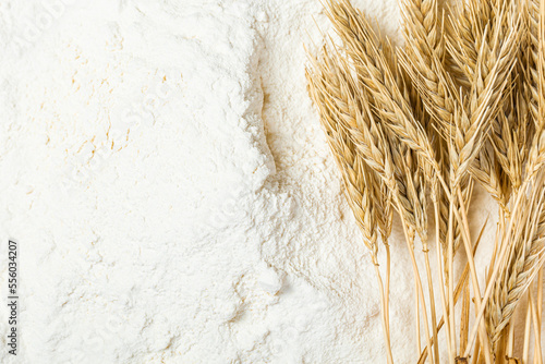 Close-up of a heap of flour and ears of wheat after sifting. Concept Record prices and high prices for bakery products. Rising wheat prices in Europe country