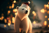 Christmas atmosphere, polar bear with Santa Claus hat on a bokeh backdrop. Generated by Ai