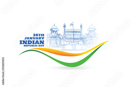 happy republic day card with red fort and wavy indian flag