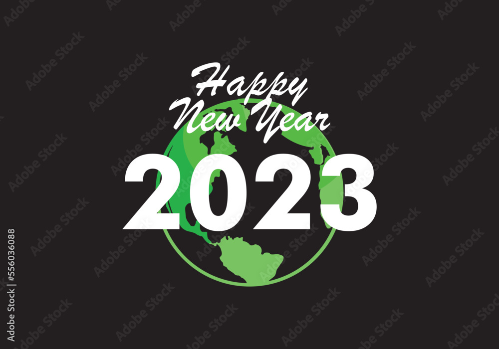 Happy new year template with green globe behind 2023 Happy new year template with green globe behind 2023