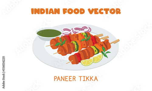 Indian Paneer Tikka - Indian grilled paneer tandoori snack flat vector illustration isolated on white background. Paneer Tikka clipart cartoon. Asian food. Indian cuisine. Indian food