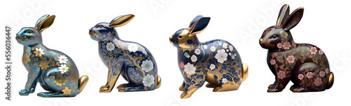 Easter Festivity 2023, year of the rabbit, vintage traditional ceramic clay sculpture decor set in gold blue black and pink, transparent background, generative AI